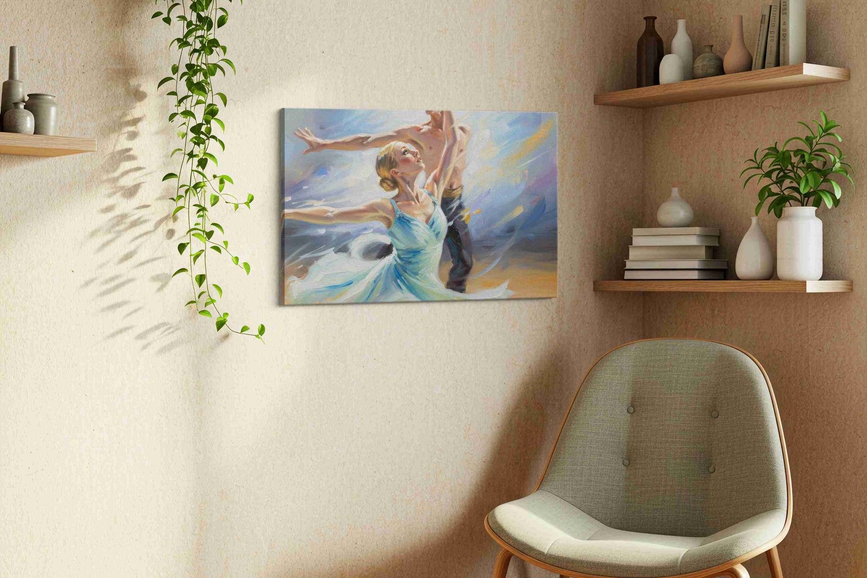 Ethereal Dance of Light II dancing canvas print styled in a living room