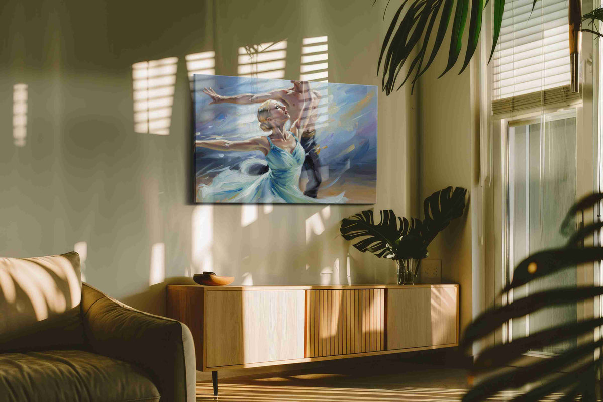 Ethereal Dance of Light II dancing canvas print in a hung canvas mockup