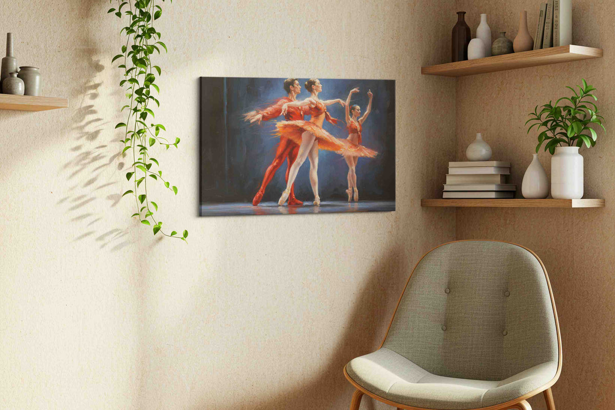 Ethereal Dance of Passion dancing canvas print, displayed in a living room