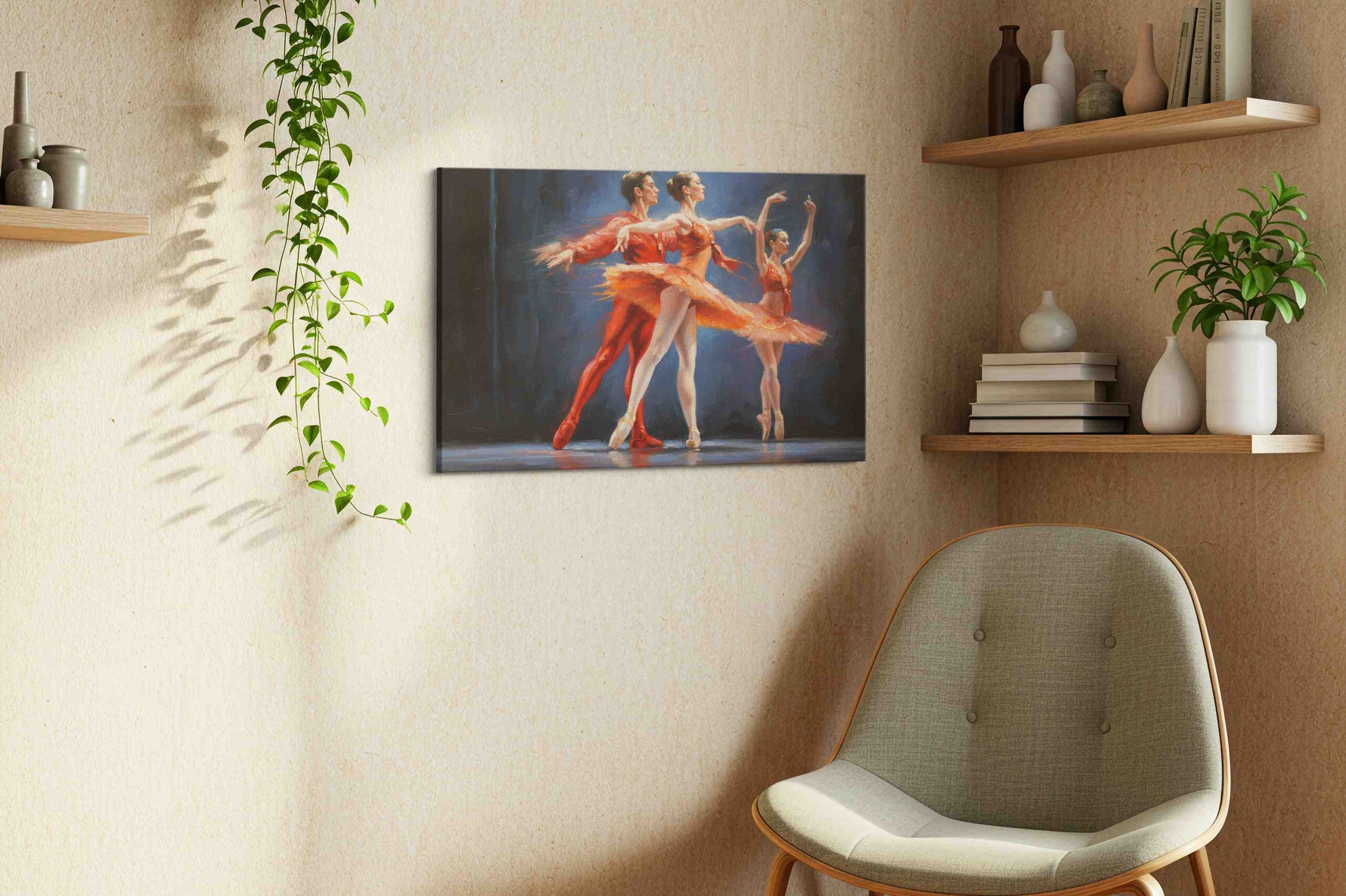 Ethereal Dance of Passion dancing canvas print, displayed in a living room