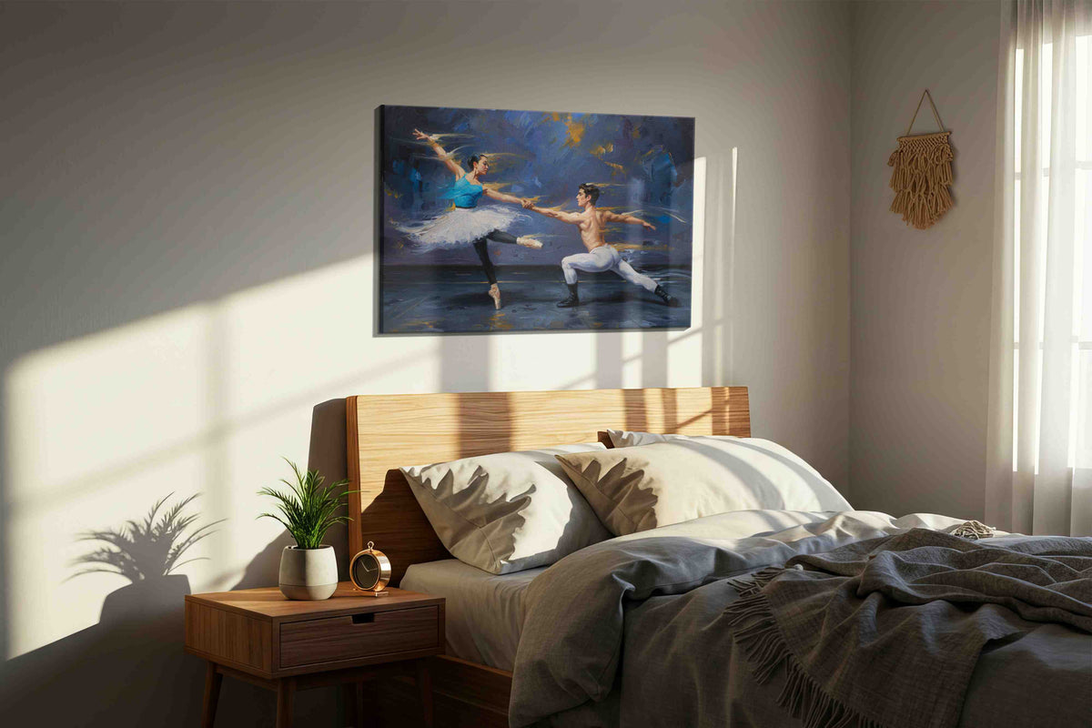 Ethereal Dance of the Stars dancing canvas print, displayed in a bedroom