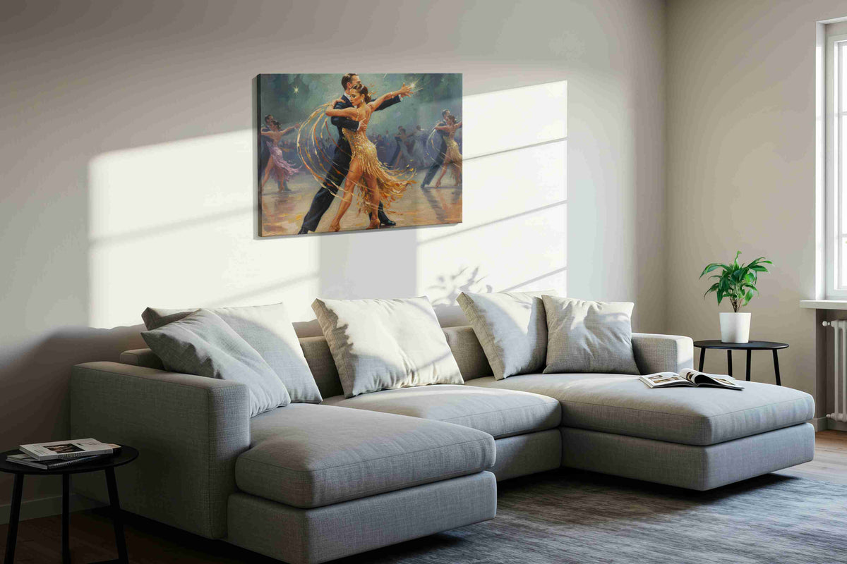 Golden Tango Elegance dancing canvas print, displayed in a living room