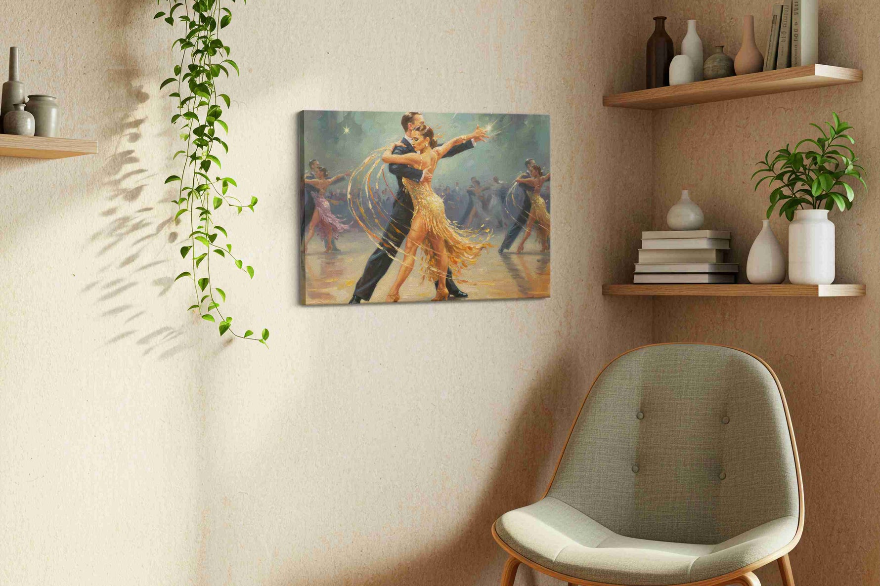 Golden Tango Elegance dancing canvas print styled in a living room