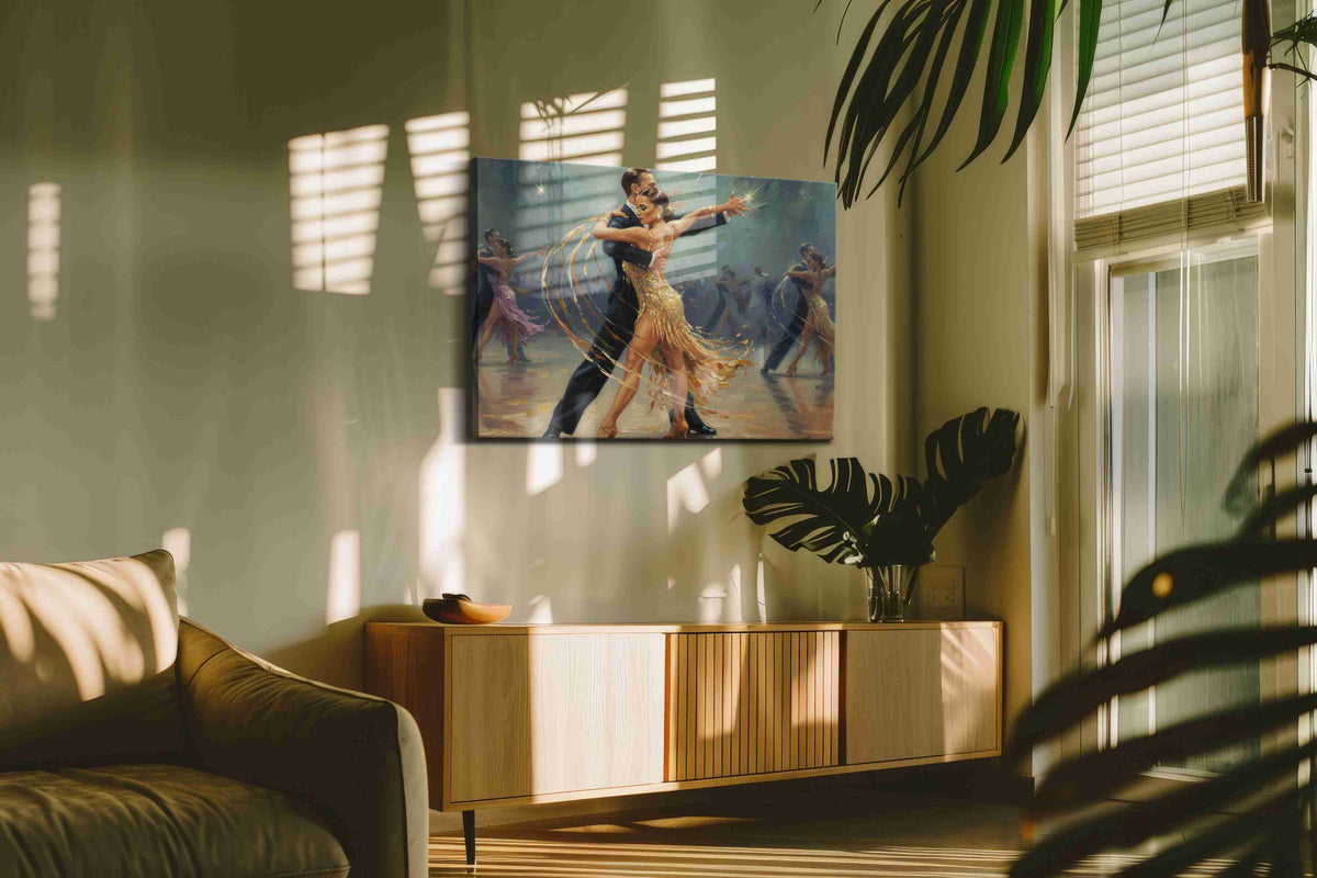 Golden Tango Elegance dancing canvas print, on wall, lifestyle preview