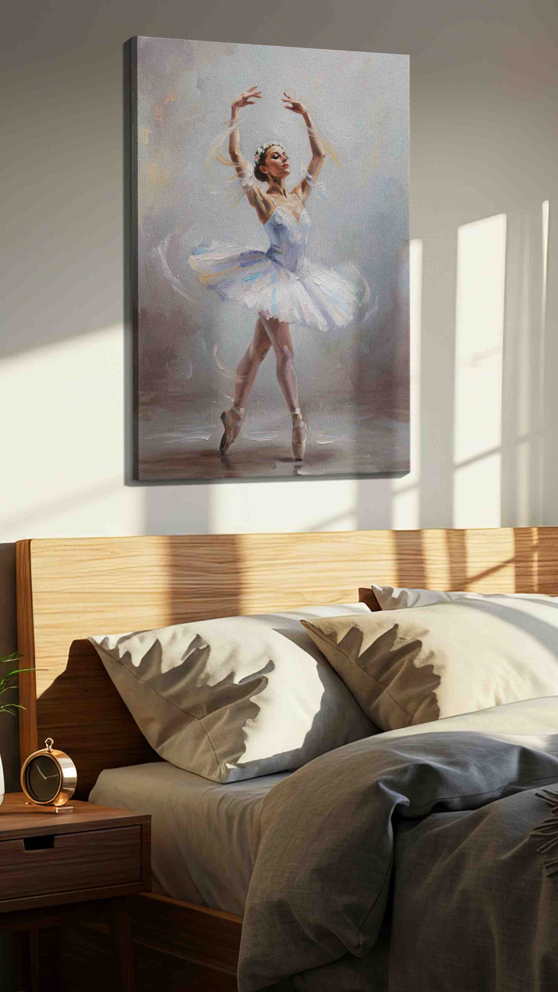 Graceful Ballet Reverie dancing canvas print, displayed in a bedroom