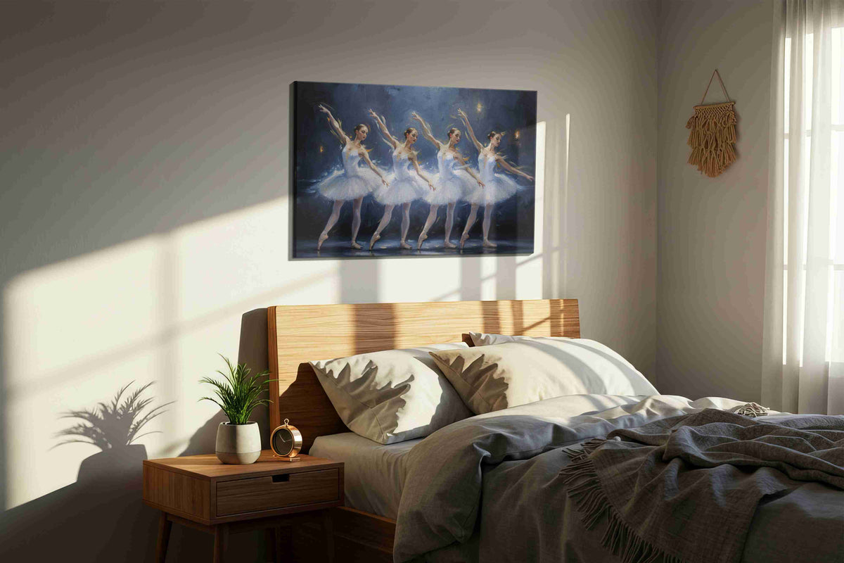 Graceful Ballet Symphony dancing canvas print, displayed in a bedroom
