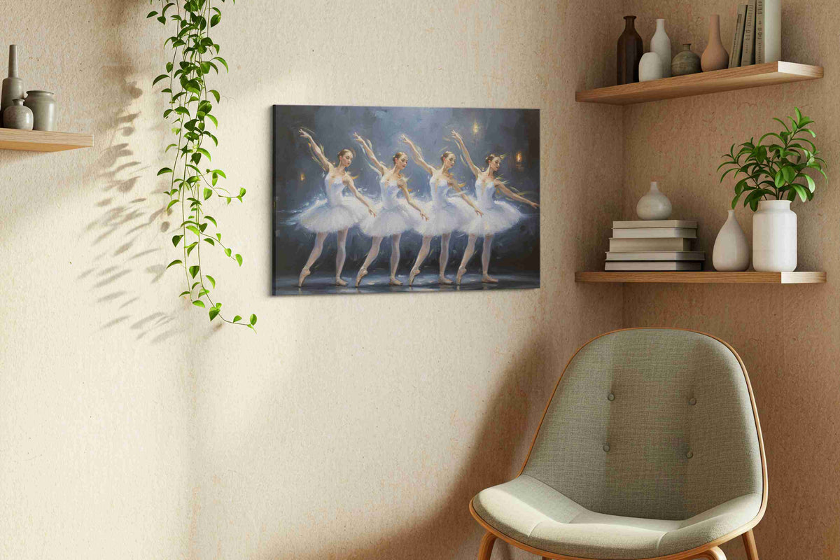 Graceful Ballet Symphony dancing canvas print styled in a living room