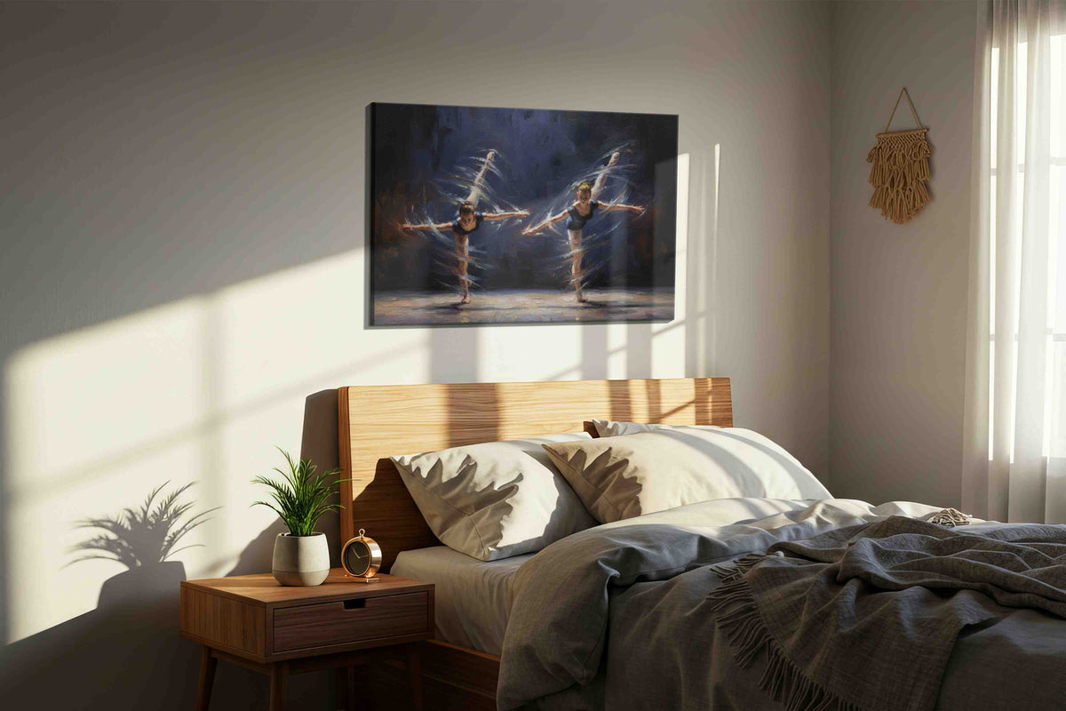 Graceful Symphony in Motion dancing canvas print, displayed in a bedroom