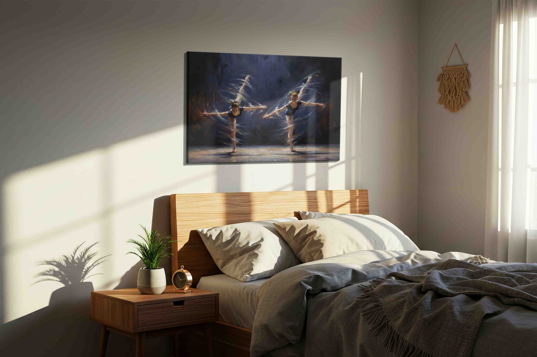 Graceful Symphony in Motion dancing canvas print, displayed in a bedroom