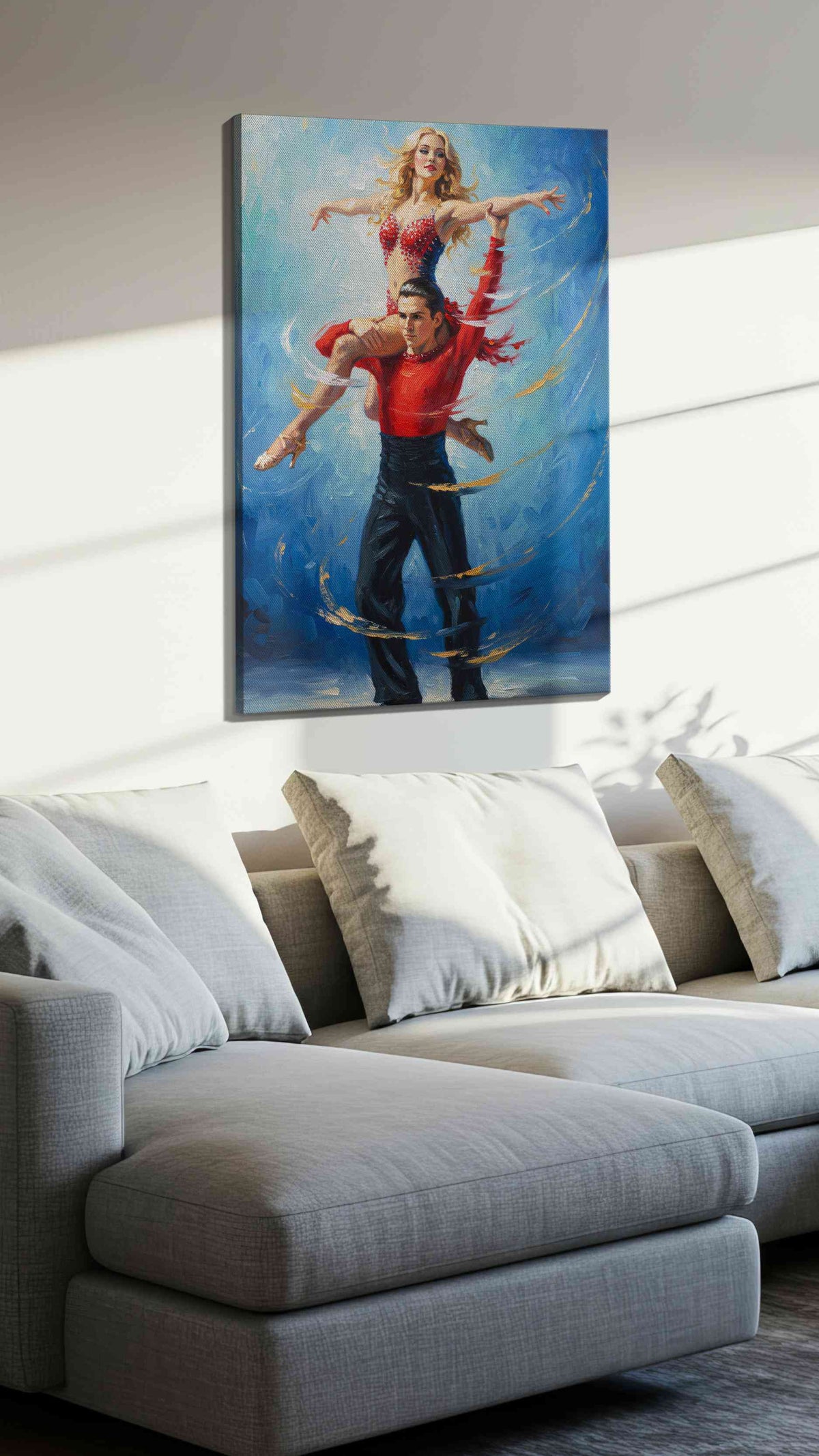 Passionate Tango in Blue dancing canvas print, displayed in a living room
