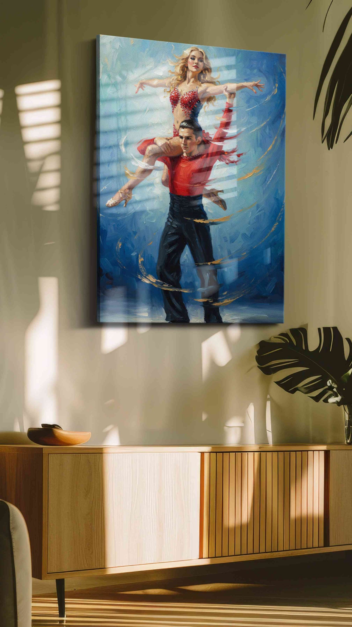 Passionate Tango in Blue dancing canvas print in a hung canvas mockup