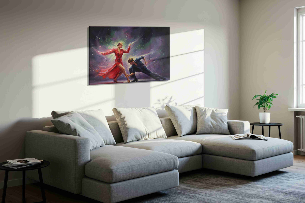 Rhythms of Passion dancing canvas print, displayed in a living room