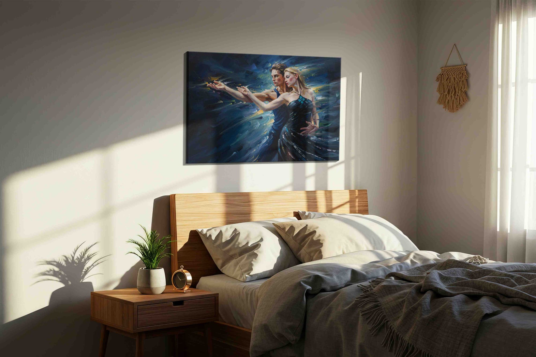 Whirl of Passion dancing canvas print, displayed in a bedroom
