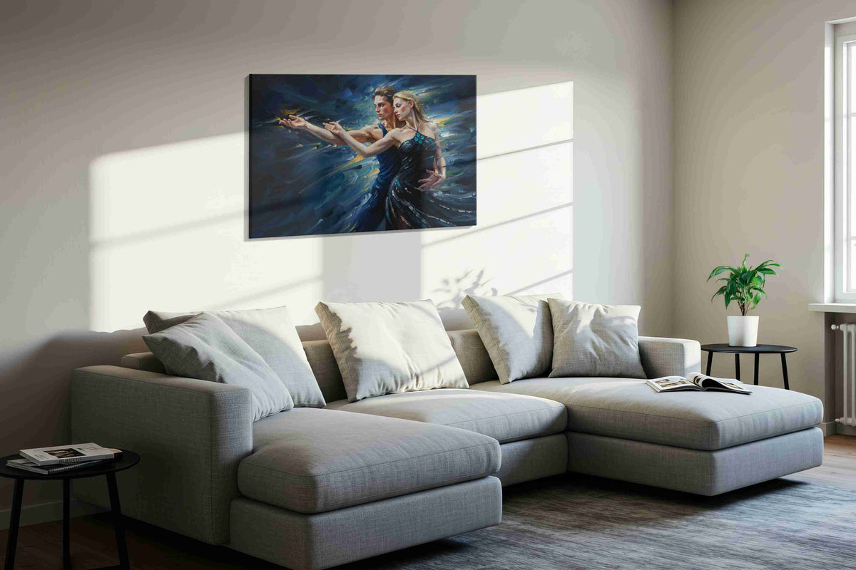 Whirl of Passion dancing canvas print, displayed in a living room