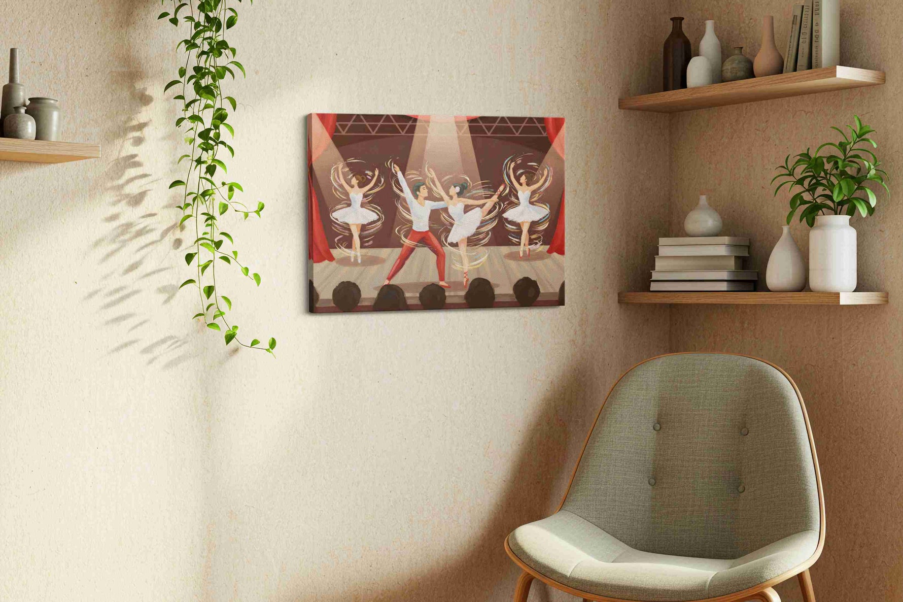 Whirling Ballet Dreams dancing canvas print, displayed in a living room