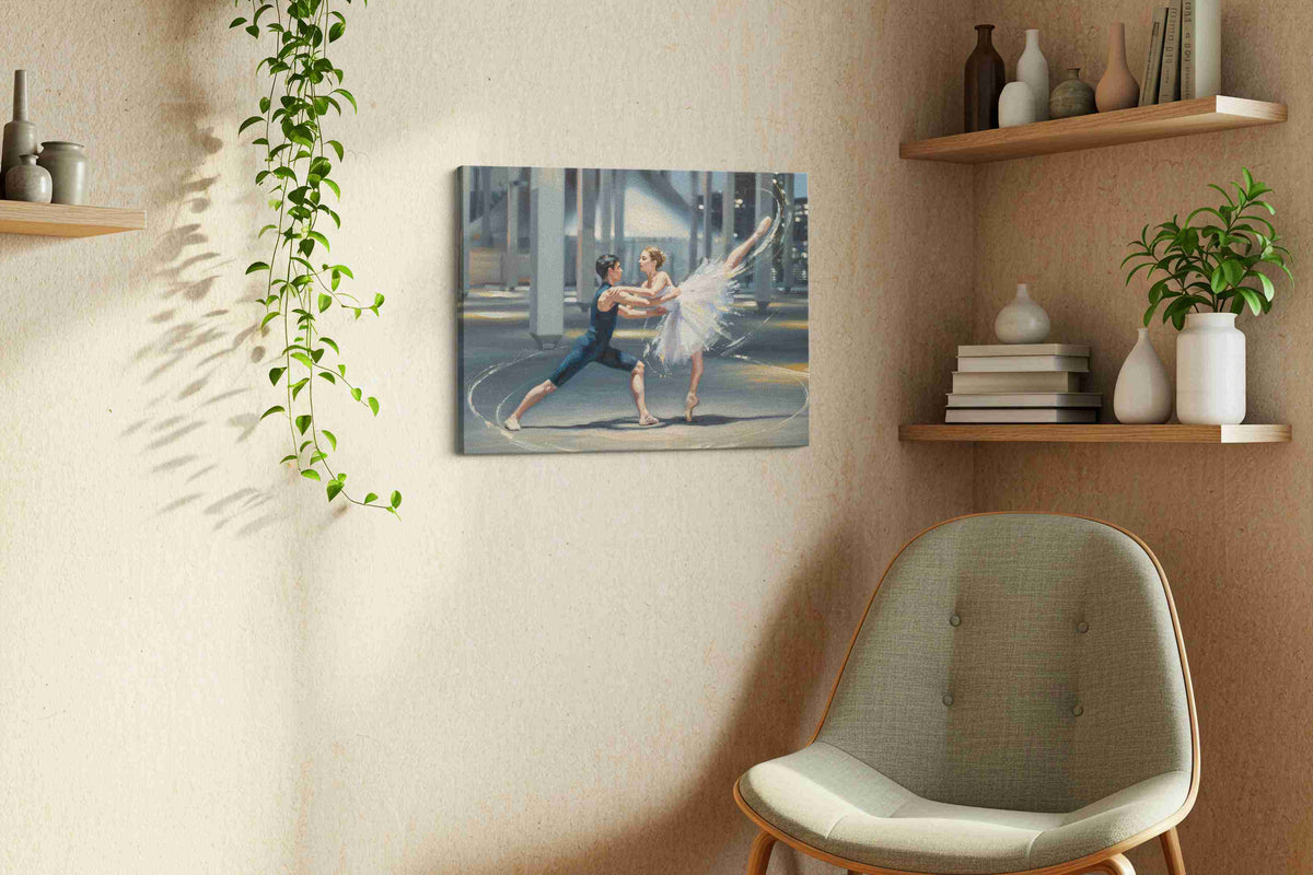 Whirling Harmony in Motion dancing canvas print styled in a living room