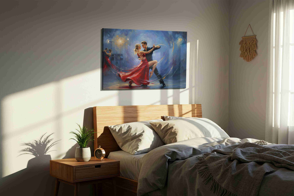 Whirlwind Tango Passion dancing canvas print, displayed in a bedroom