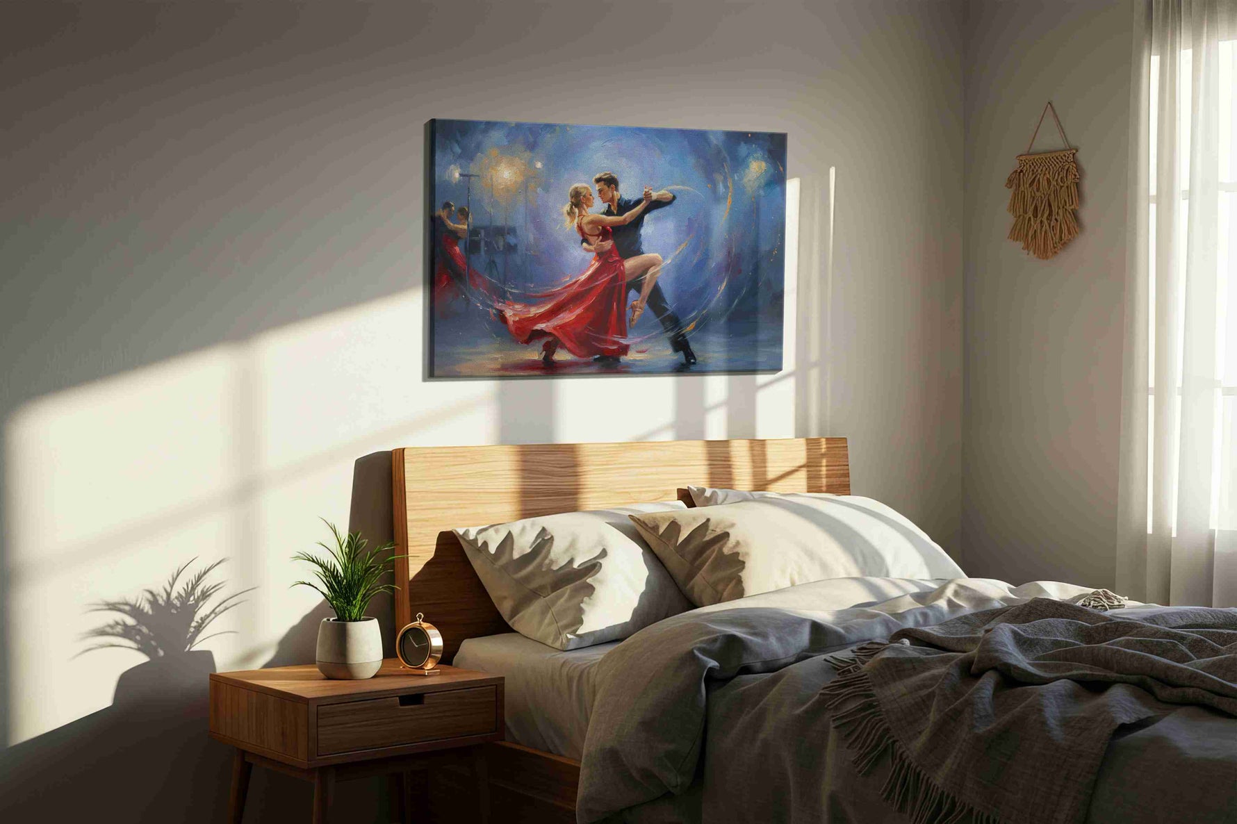 Whirlwind Tango Passion dancing canvas print, displayed in a bedroom