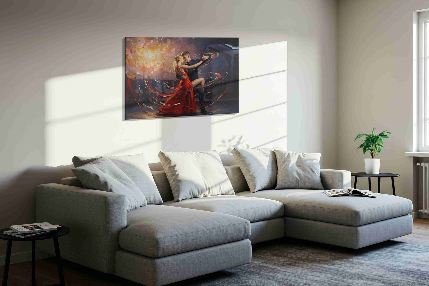Whirlwind of Passion dancing canvas print, displayed in a living room