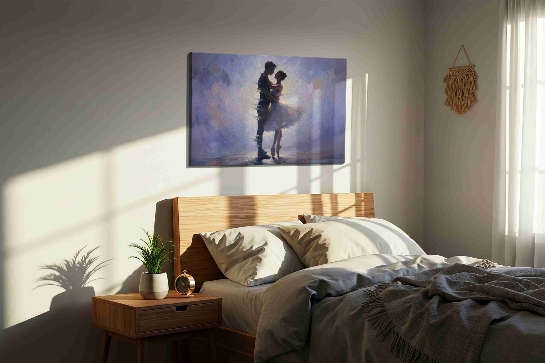 Whispered Waltz in Twilight dancing canvas print, displayed in a bedroom