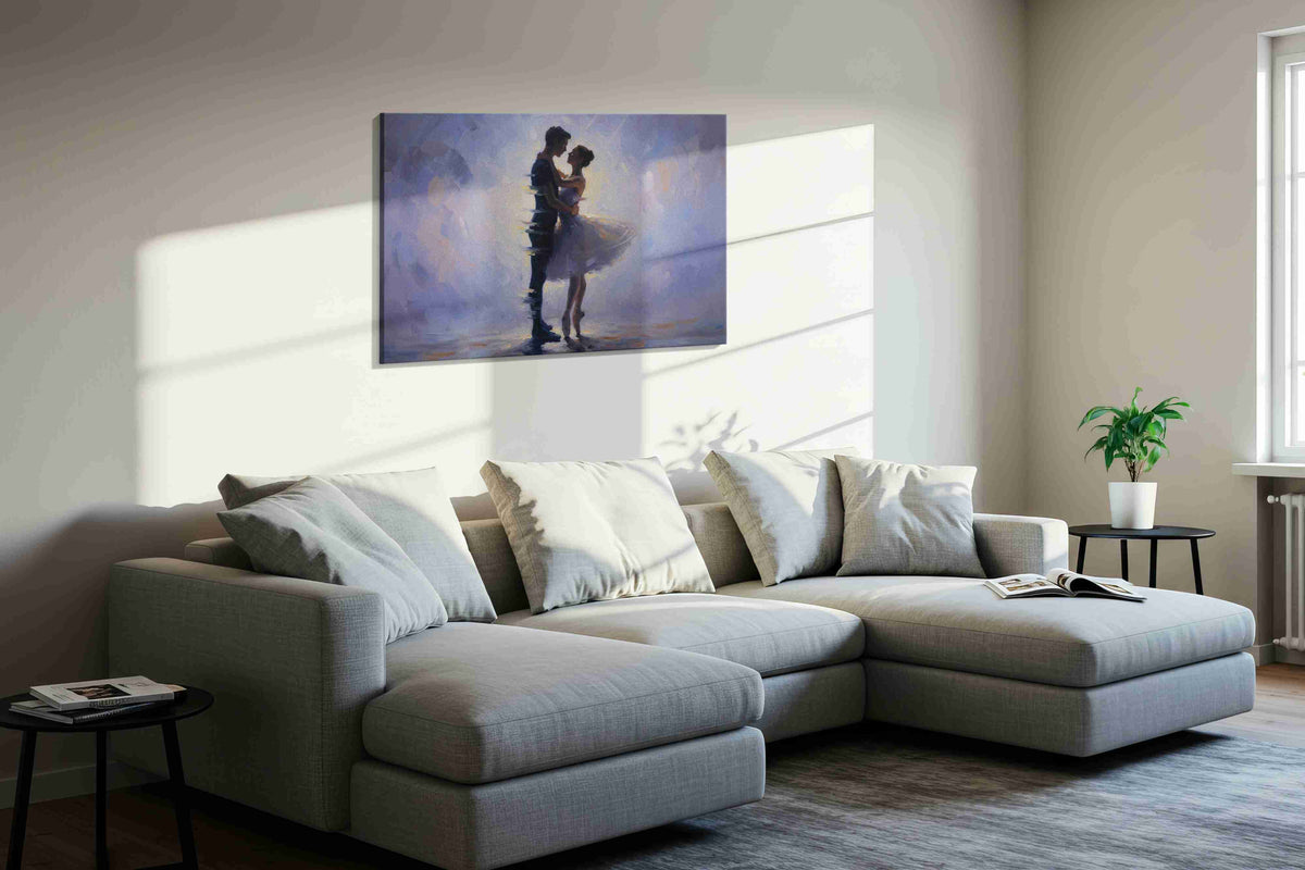 Whispered Waltz in Twilight dancing canvas print, displayed in a living room