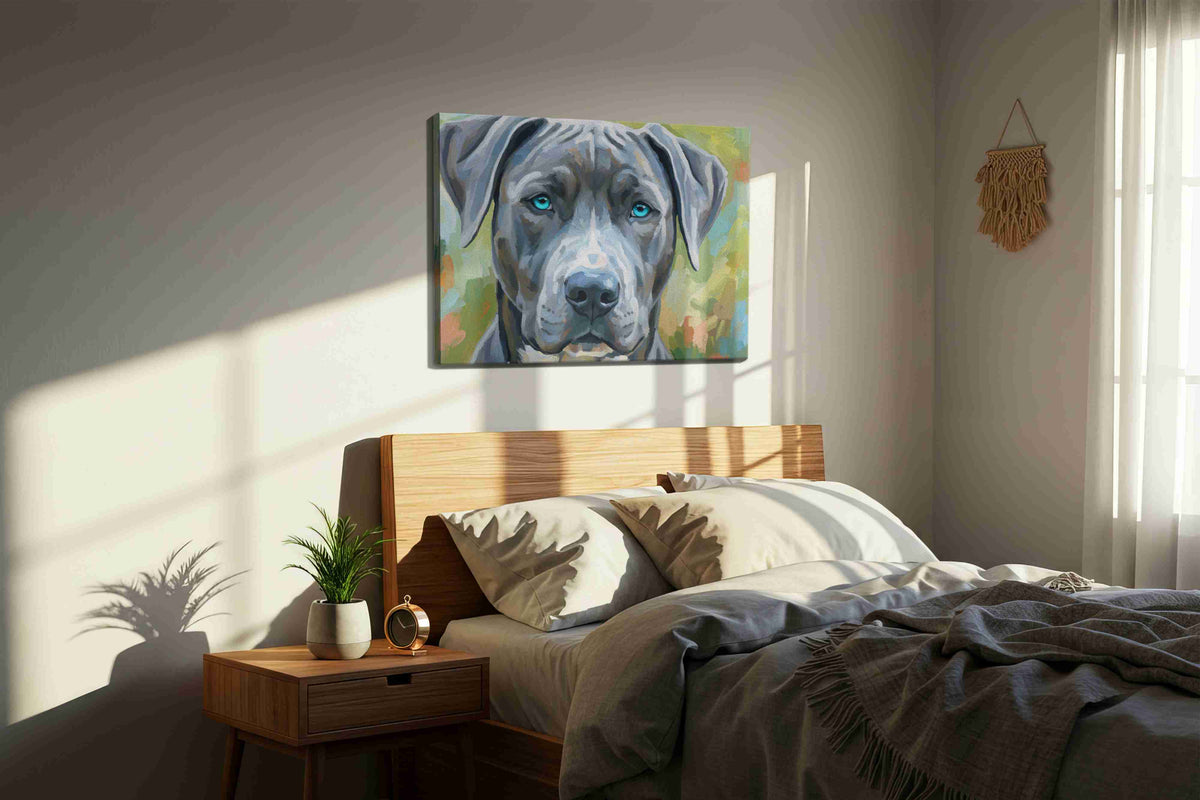 Blue-Eyed Guardian dogs canvas print, displayed in a bedroom