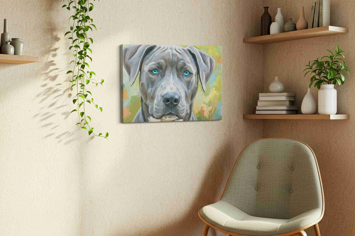 Blue-Eyed Guardian dogs canvas print, displayed in a living room