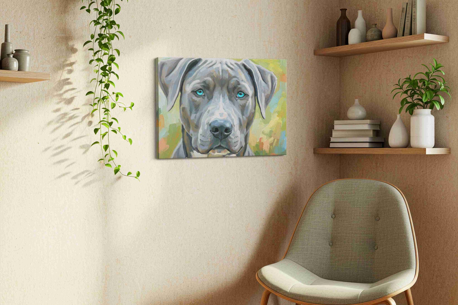 Blue-Eyed Guardian dogs canvas print, displayed in a living room