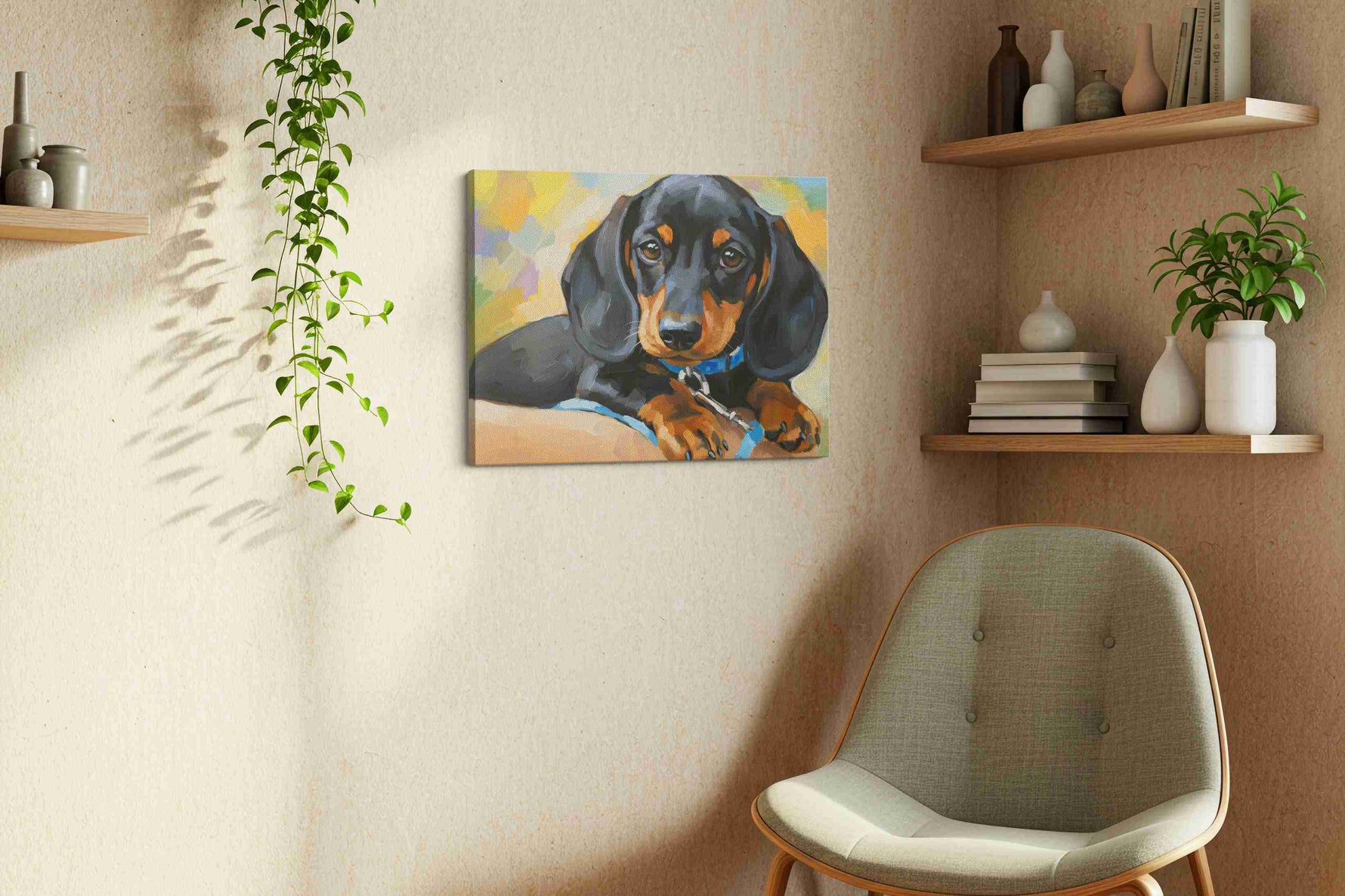 Dachshund Dreams dogs canvas print, displayed in a living room