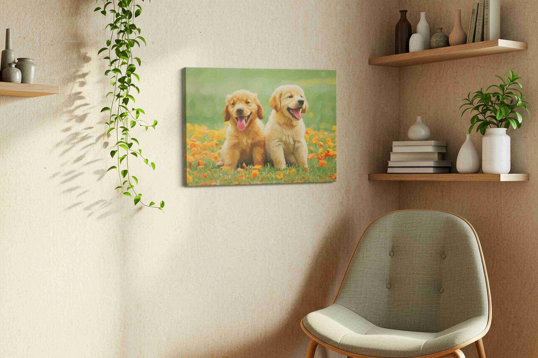 Golden Joy in Blossom – dogs canvas wall art, gallery-wrapped, ready to hang