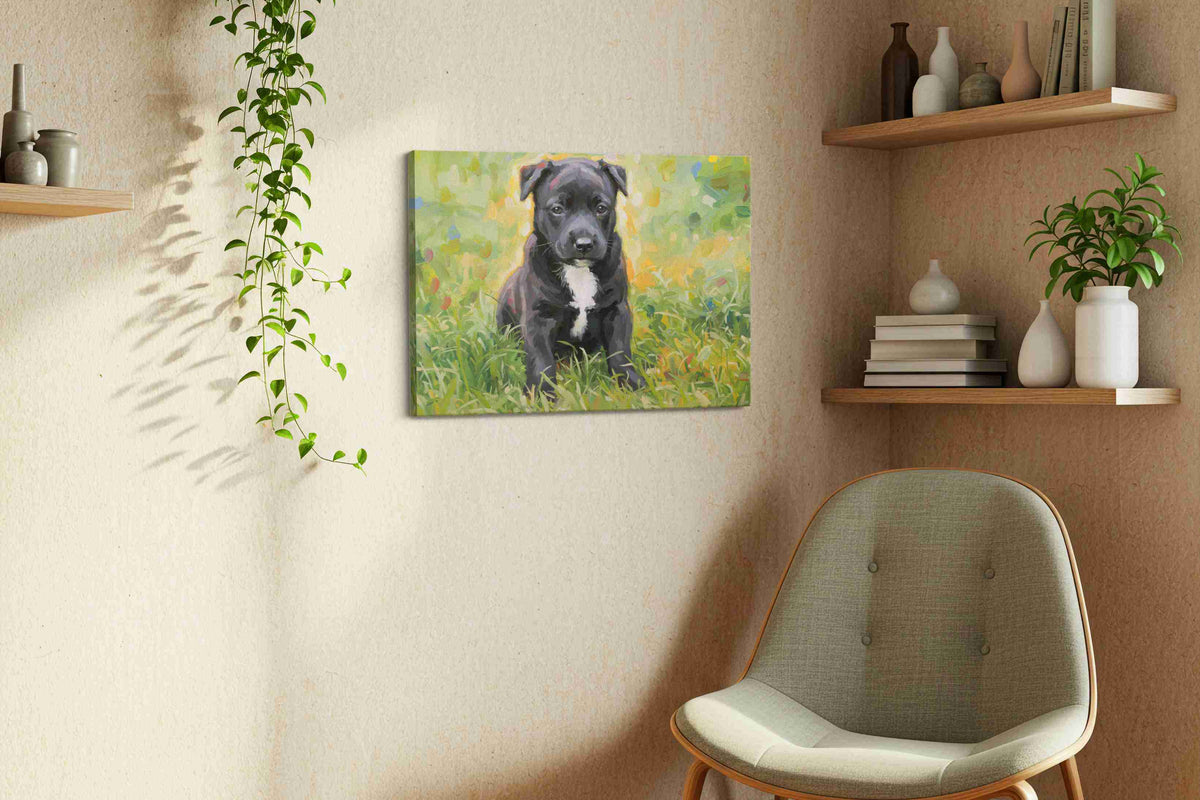 Innocence in the Meadow dogs canvas print, displayed in a living room