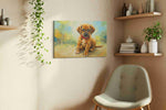 Puppy Whimsy dogs canvas print, displayed in a living room