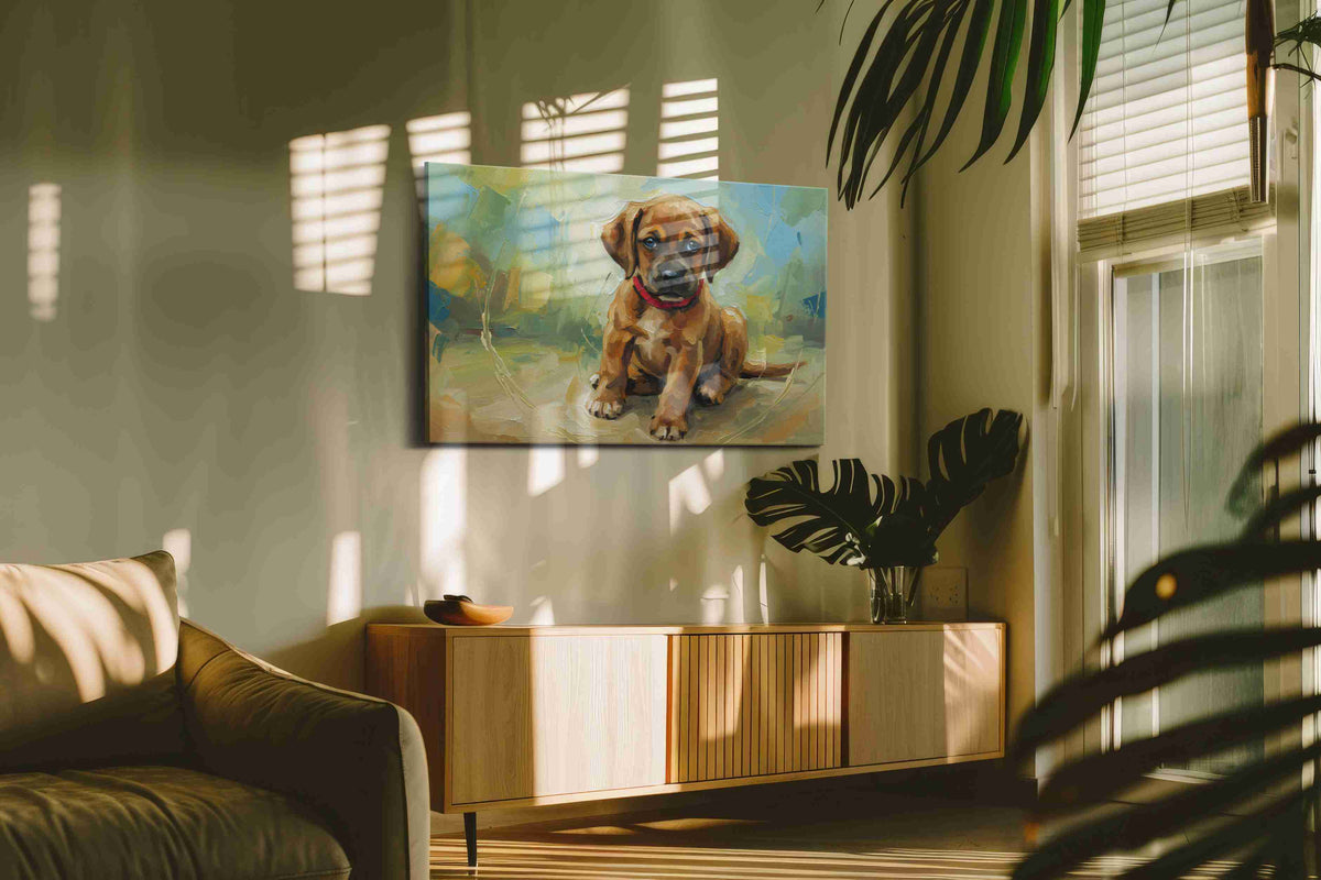 Puppy Whimsy dogs canvas print in a contemporary interior mockup
