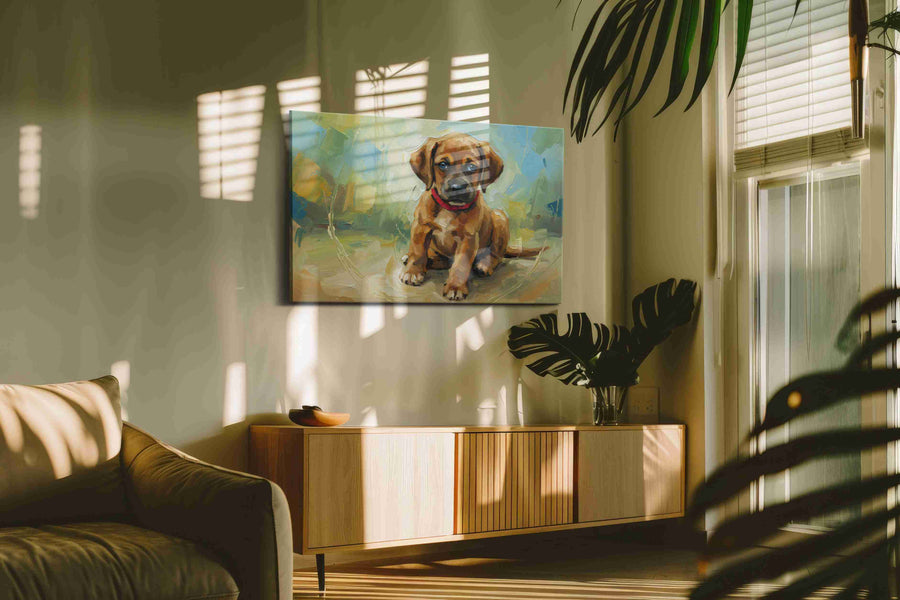 Puppy Whimsy dogs canvas print in a contemporary interior mockup