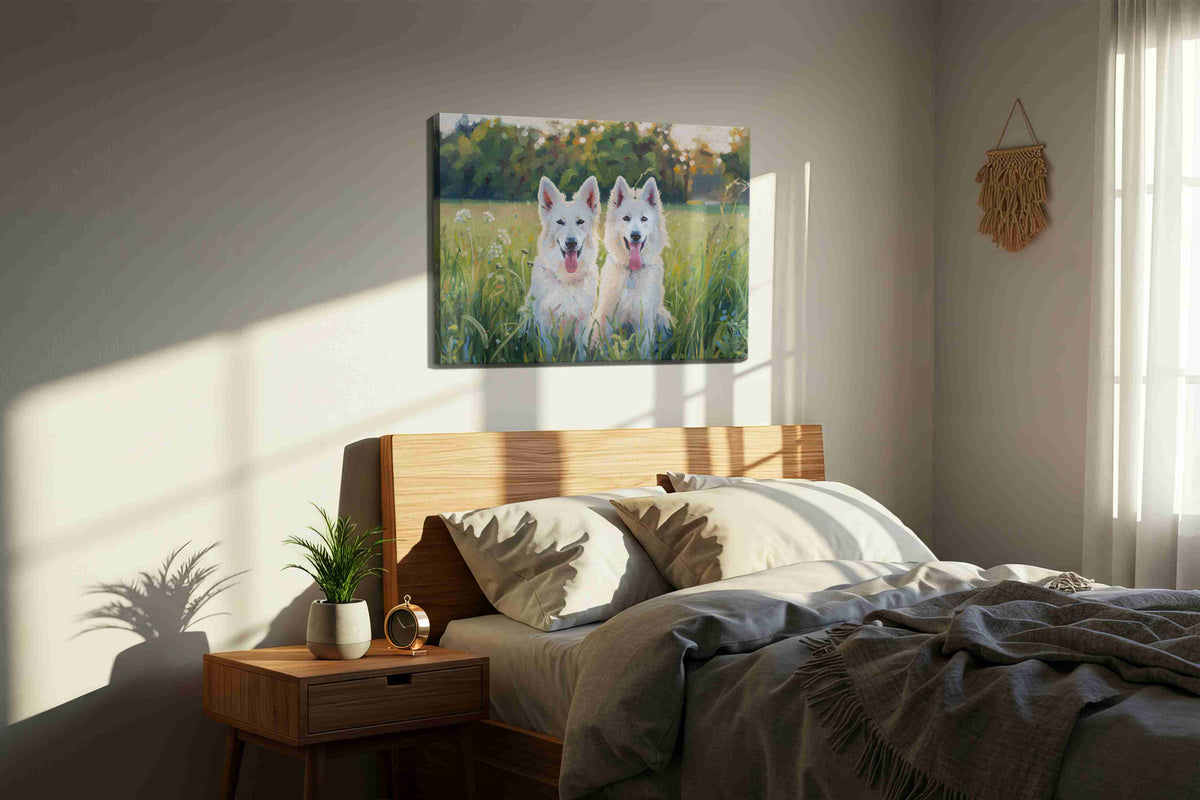 Whimsical Canine Companions dogs canvas print, displayed in a bedroom