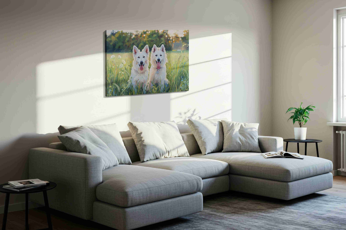 Whimsical Canine Companions dogs canvas print, displayed in a living room