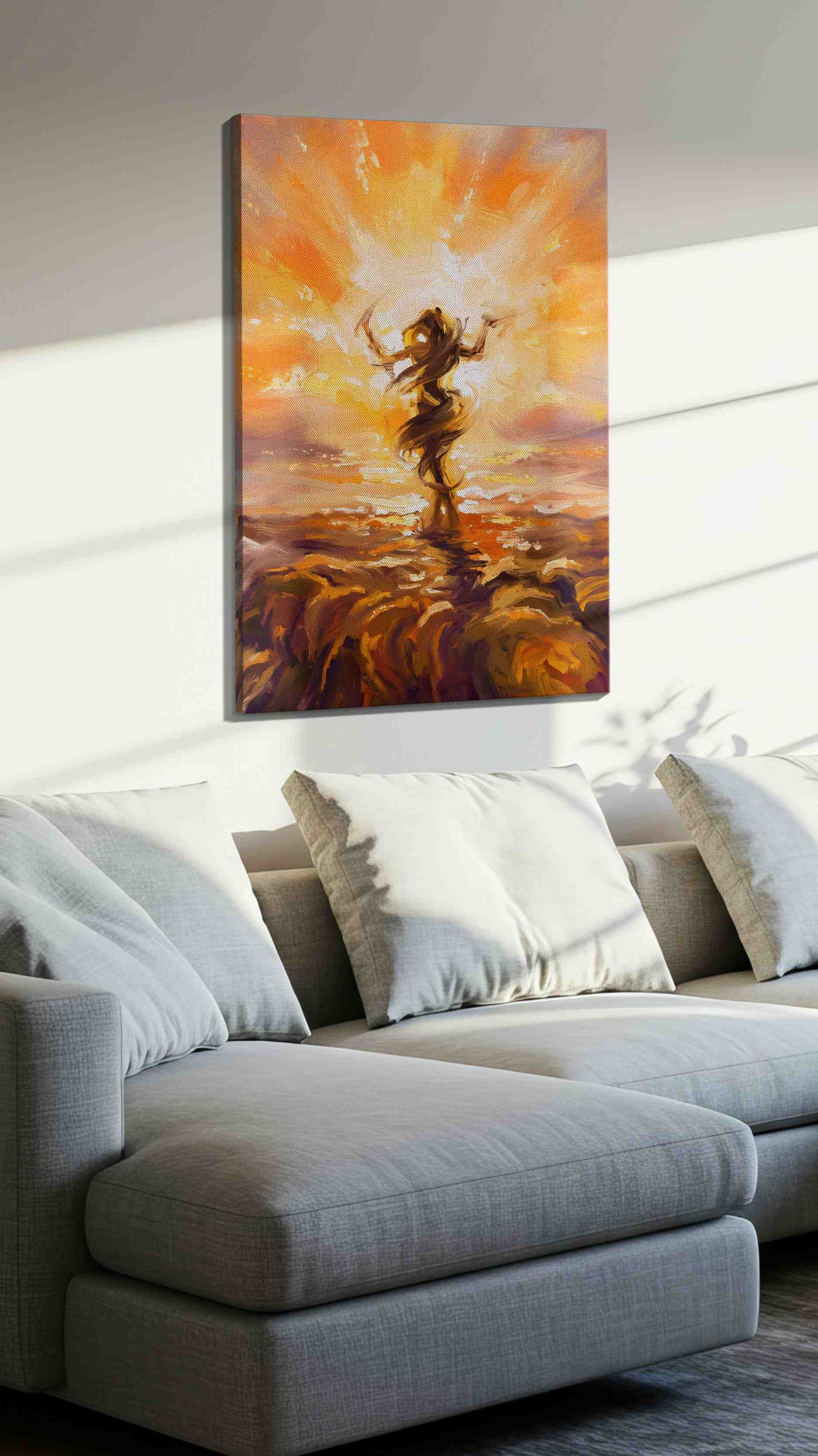 Dancing in the Sunrise landscape canvas print, displayed in a living room
