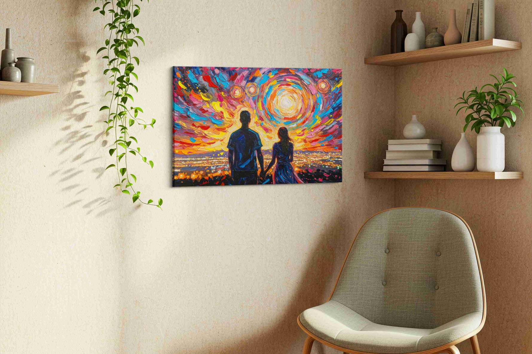 Eternal Sunset Vortex romance canvas print, displayed in a living room