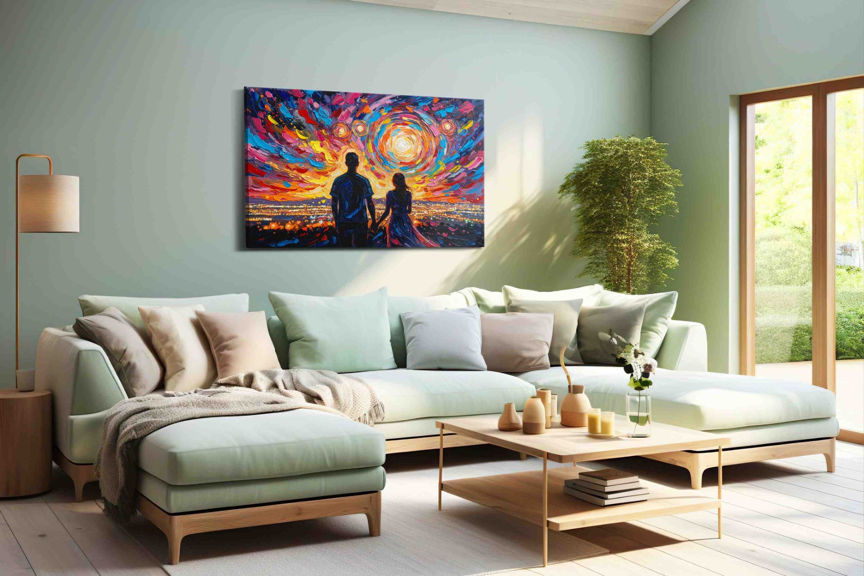 Eternal Sunset Vortex romance canvas print, hanging on wall