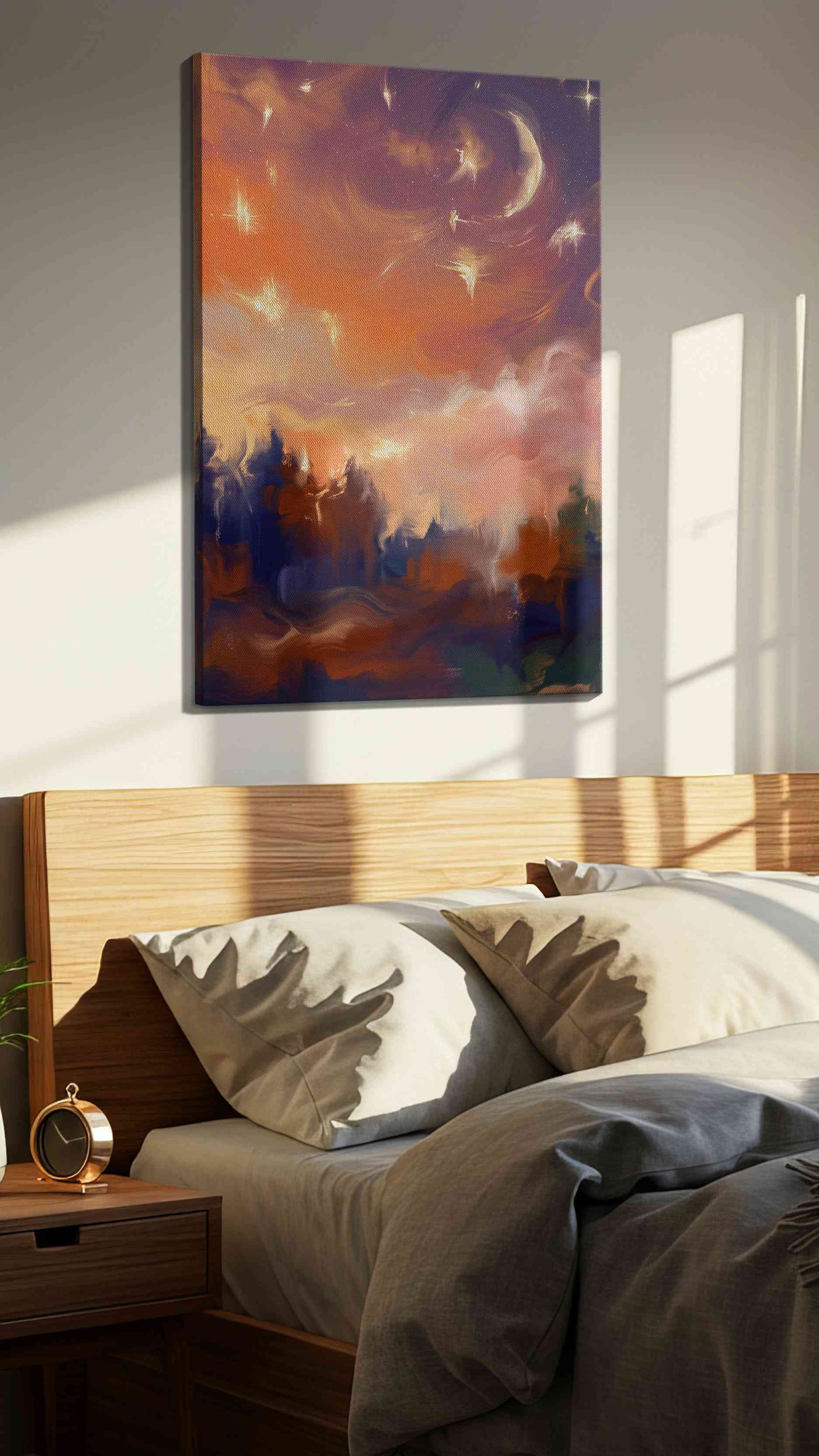 Whispers of the Cosmic Forest landscape canvas print, displayed in a bedroom