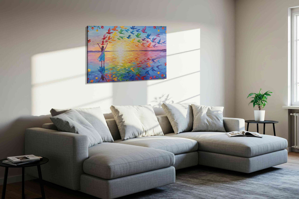 Wings of Dawn birds canvas print in a living room scene