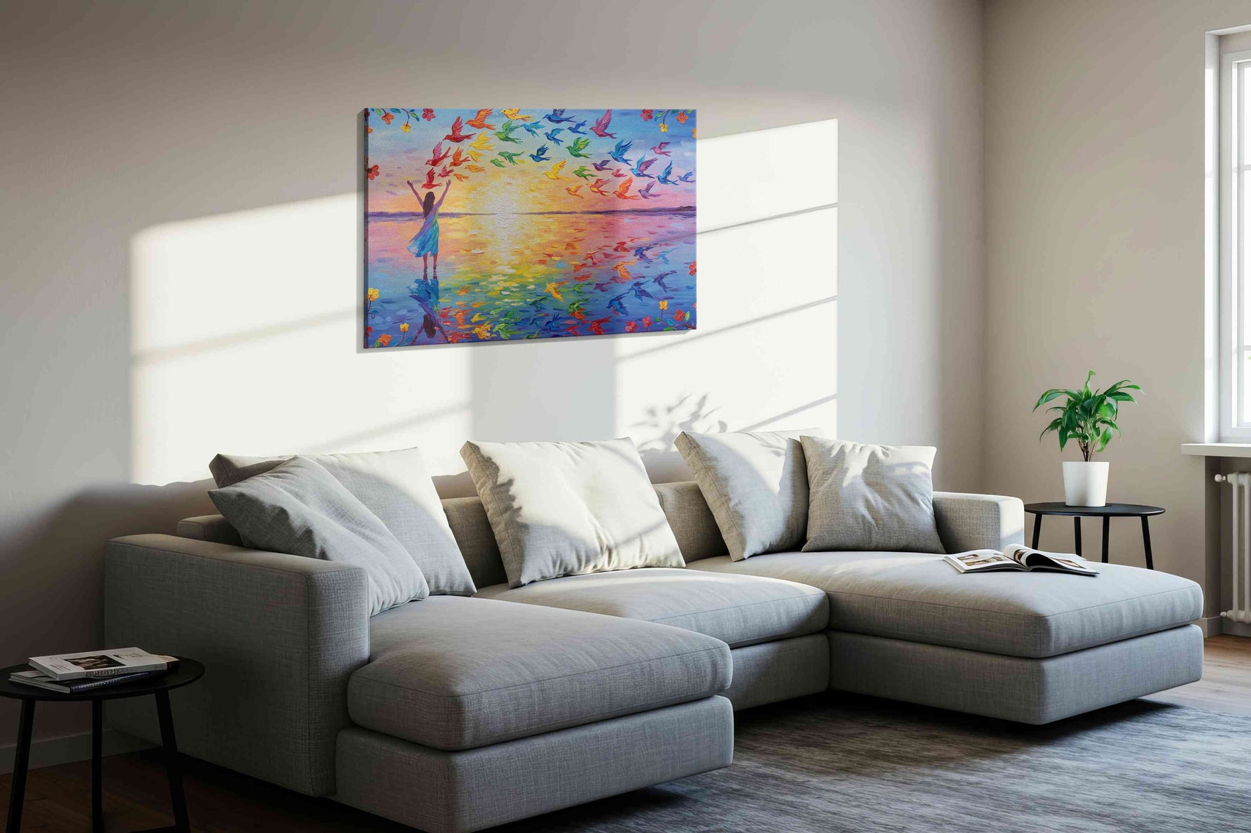Wings of Dawn birds canvas print in a living room scene
