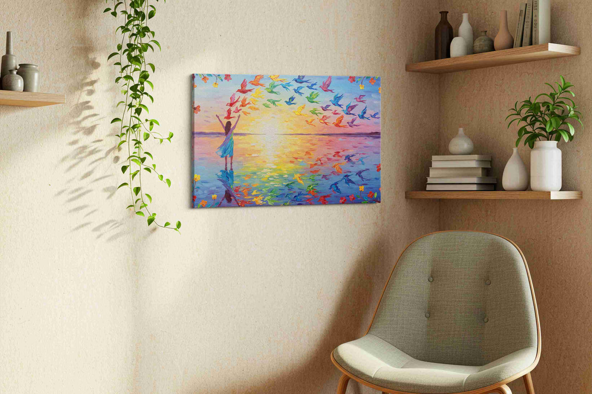 Wings of Dawn birds canvas print, displayed in a living room