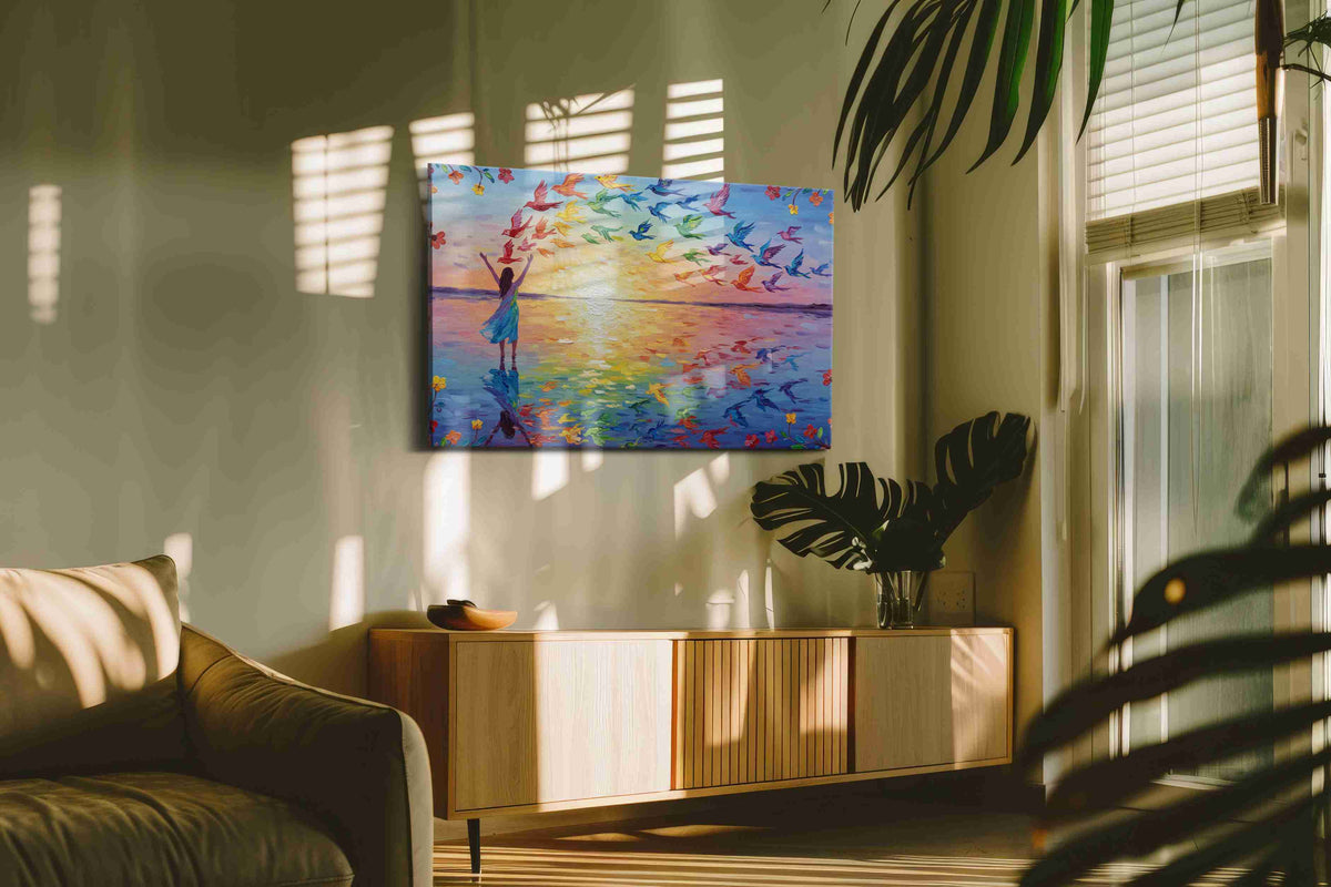 Wings of Dawn birds canvas print in a contemporary interior mockup
