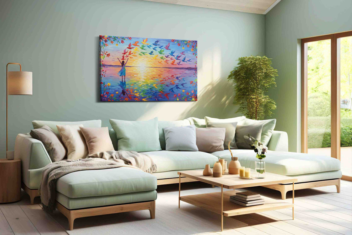 Wings of Dawn birds canvas print, hanging on wall