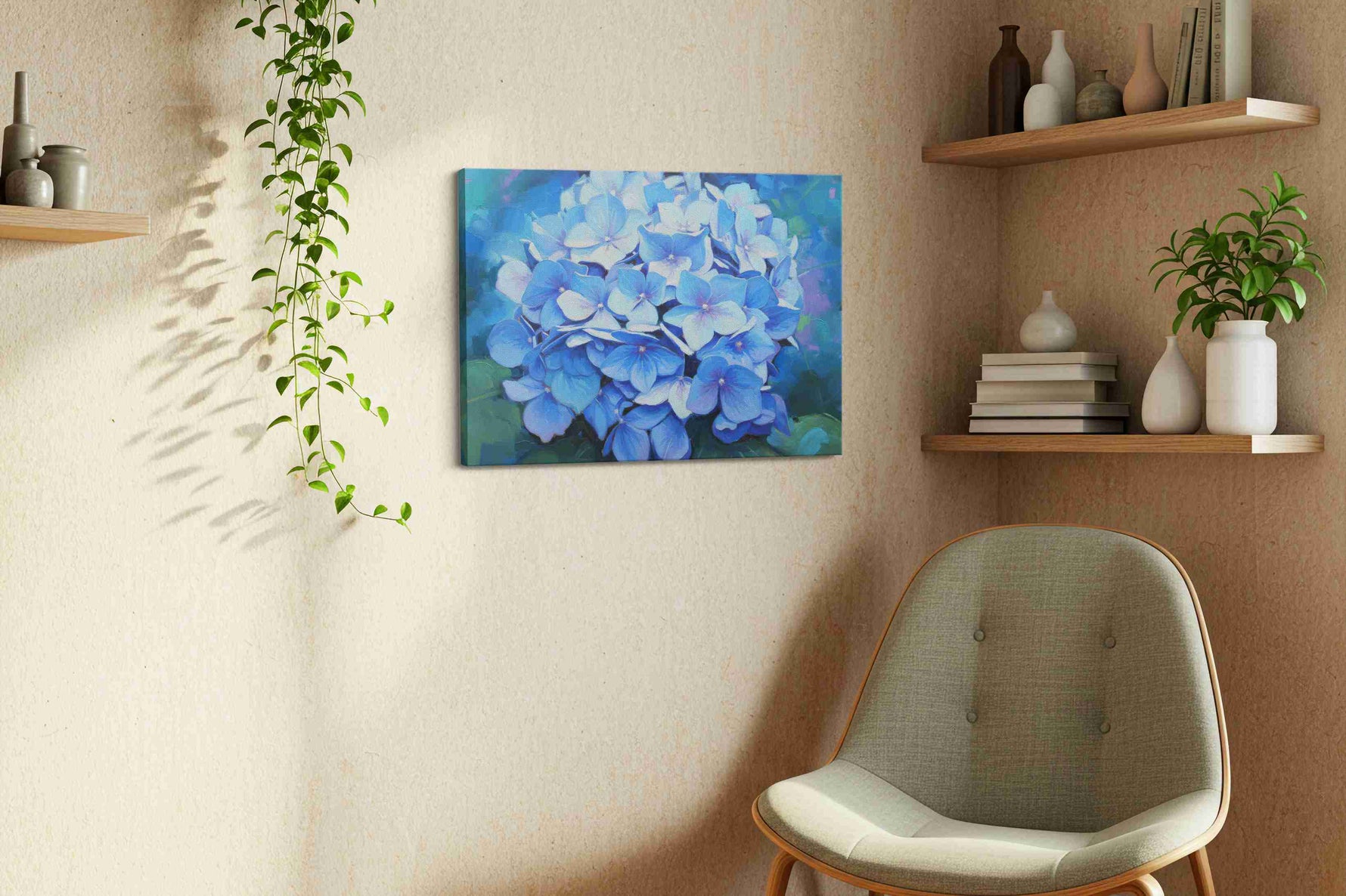 Azure Symphony floral canvas print, displayed in a living room