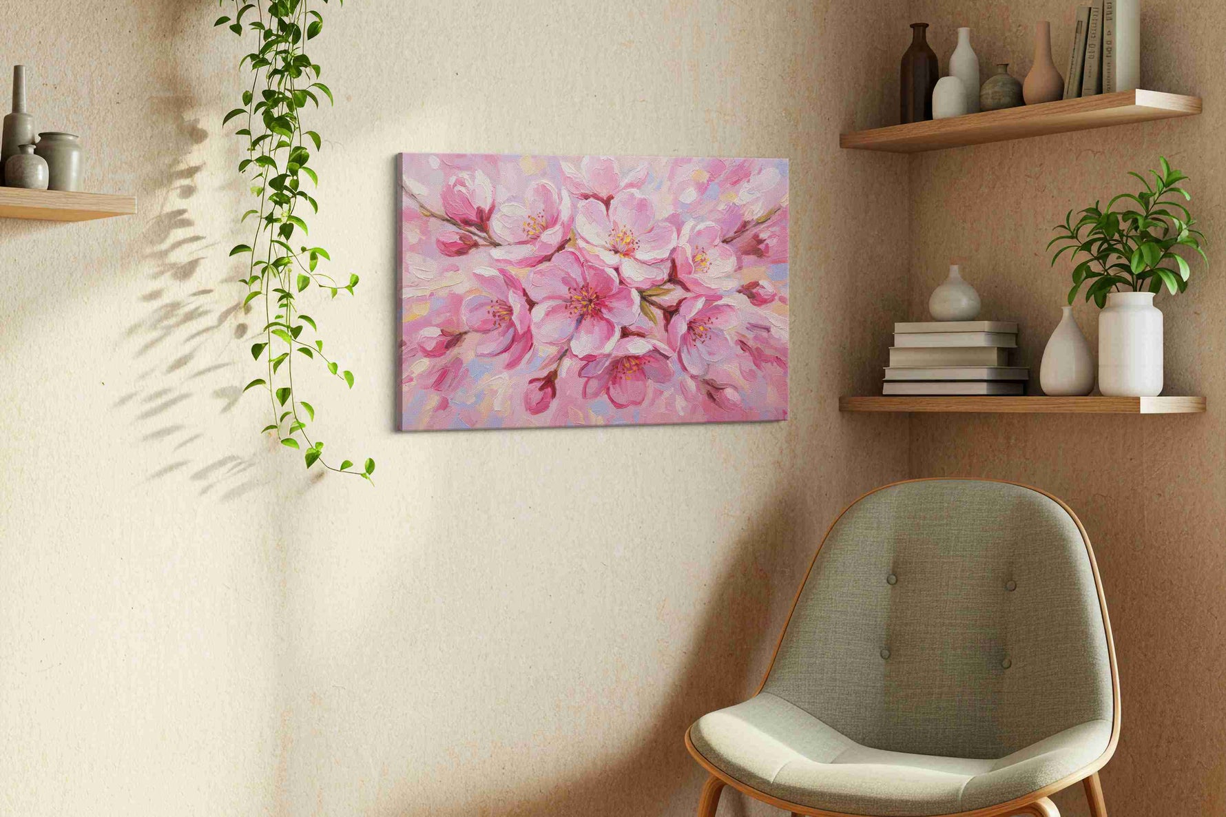 Blossom Serenade floral canvas print, displayed in a living room