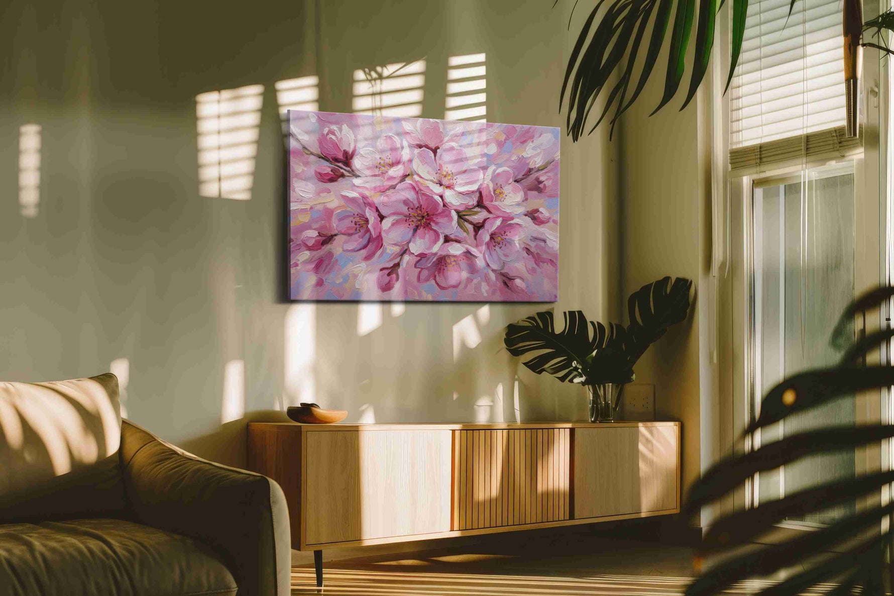 Blossom Serenade floral canvas print, on wall, lifestyle preview