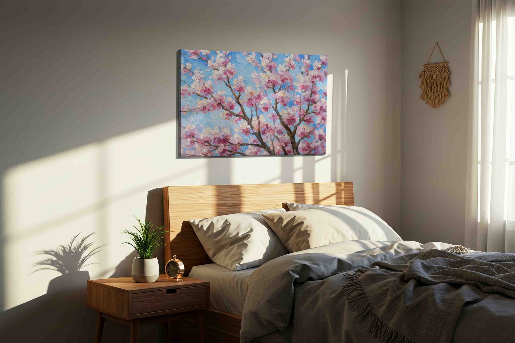 Blossom Symphony floral canvas print, displayed in a bedroom