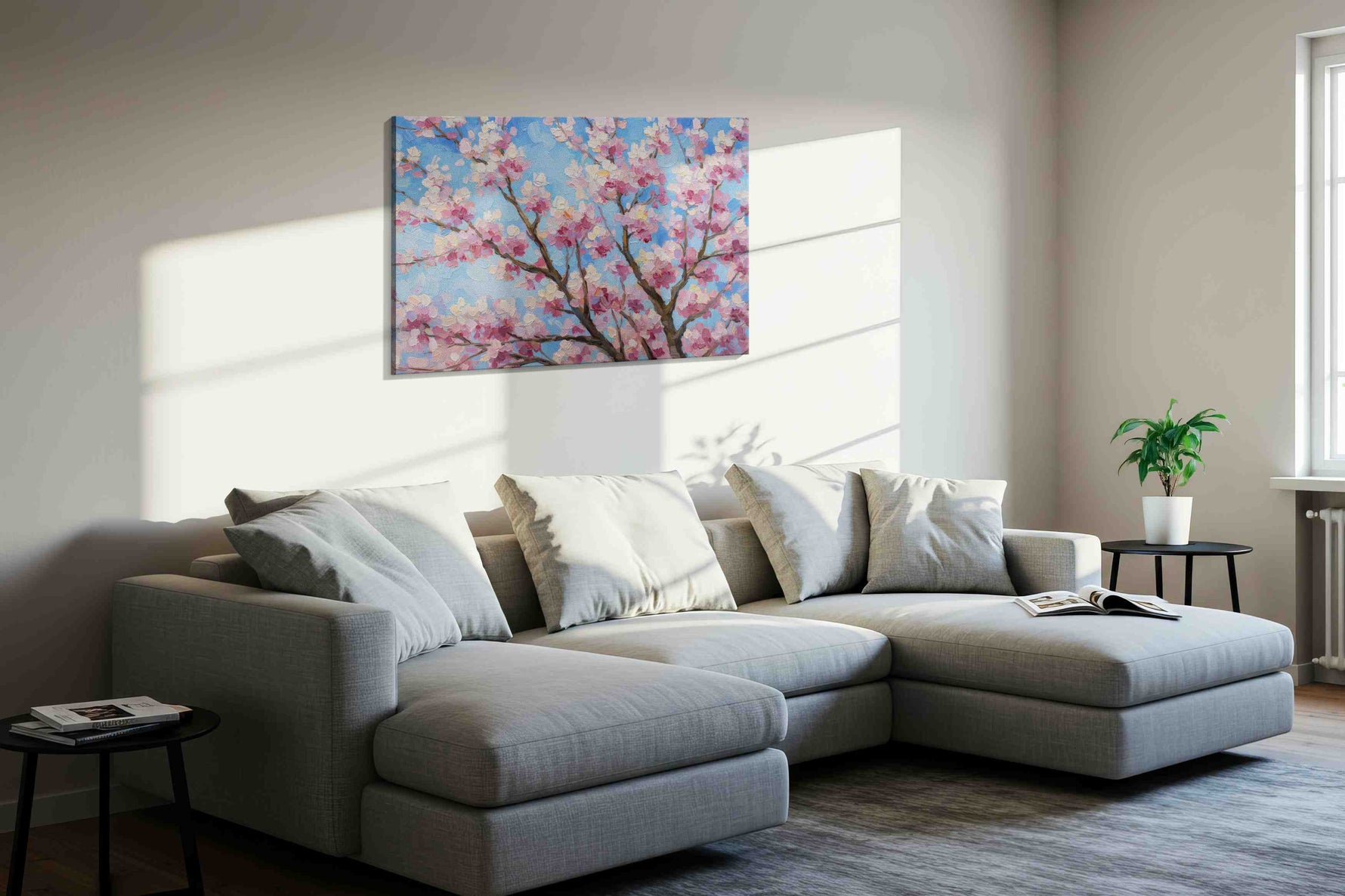 Blossom Symphony floral canvas print, displayed in a living room